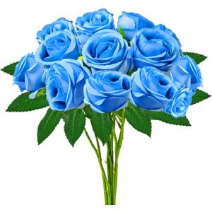 hailanbao Blue Artificial Roses with Long Stems, 12Pcs Realistic Roses Artificial Flowers, Faux Roses | Bulk Fake Flowers for Home Decor, Wedding Party Table Centerpieces, DIY Bouquet