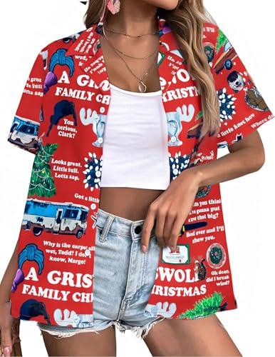 Christmas Shirt Women Happy New Year Xmas T-Shirt Funny Graphic Tee Button Down Short Sleeve Blouse Top Size XL