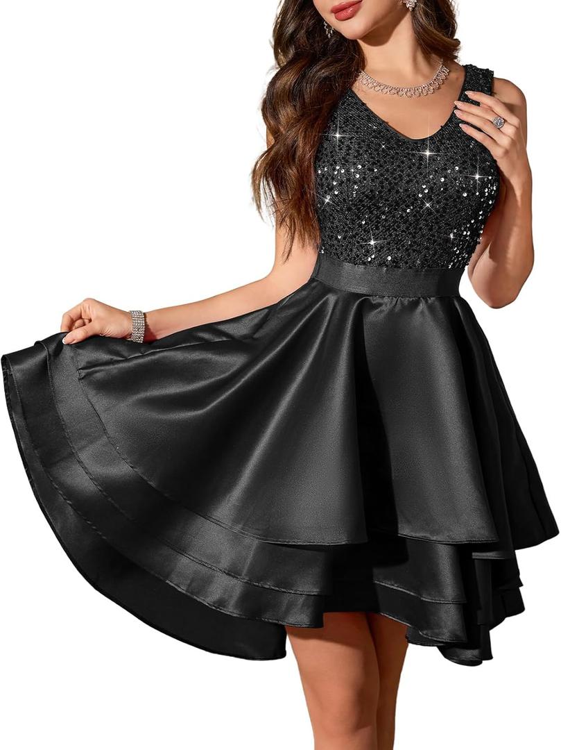 Meetjen Women's Short Prom Dresses for Teens Formal Sequin High Low Satin Bridesmaid Cocktail Party Homecoming Dress (Black, L)