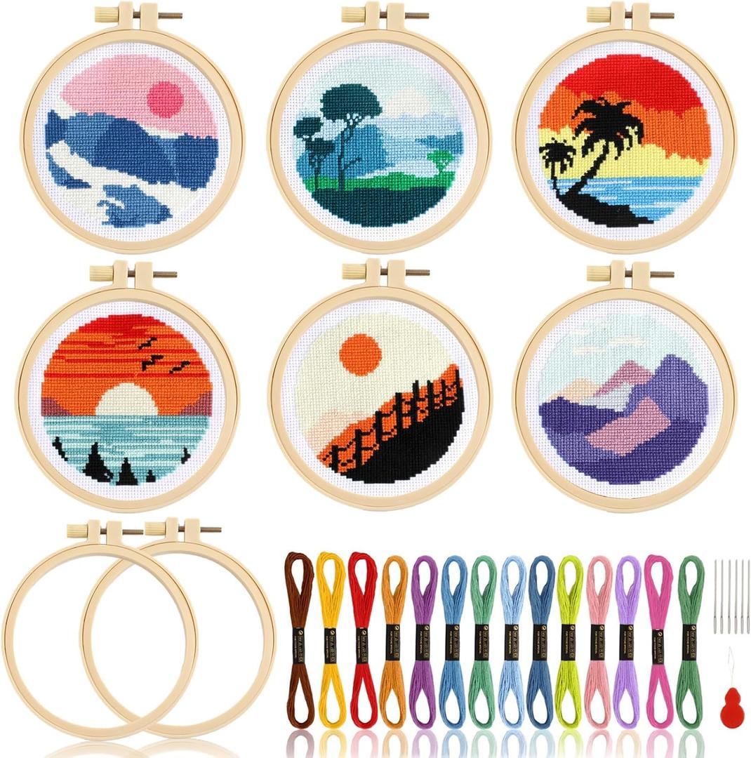 6PCS Cross Stitch Kits for Beginners DIY Embroidery Kit for Kids Adults Sunset Cross Stitch Kits Spring Birthday Gift Landscape Needlepoint Patterns with 2 Embroidery Hoops Craft Activity Supplies