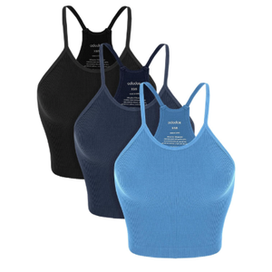 ODODOS Women's Crop 3-Pack Seamless Rib-Knit Camisole Crop Tank Tops, M/L