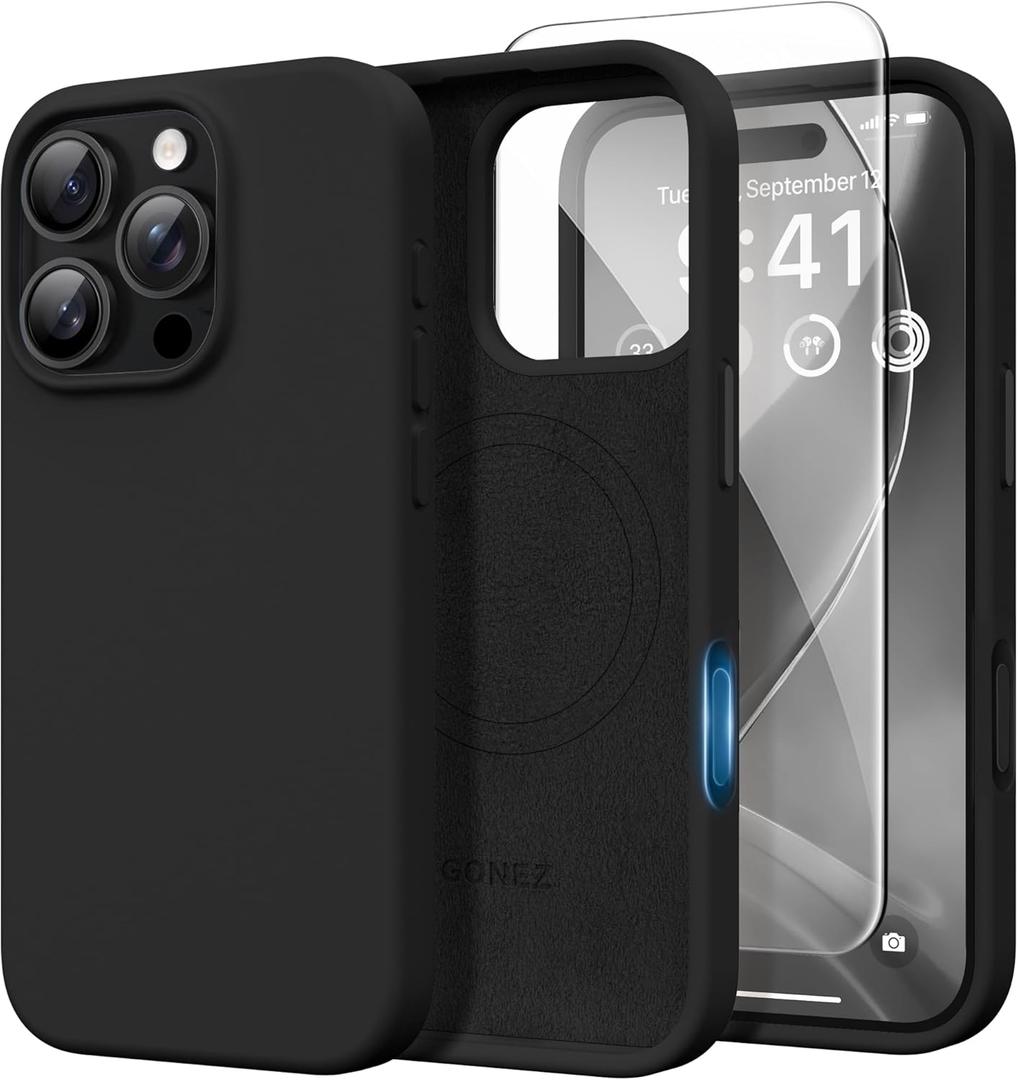 GONEZ Magnetic for iPhone 16 Pro Max Case, [Compatible with MagSafe] Anti-Scratch Microfiber Lining & Screen Protector, Silicone Camera Control, Shockproof Slim Phone Cover 6.9 inch, Black