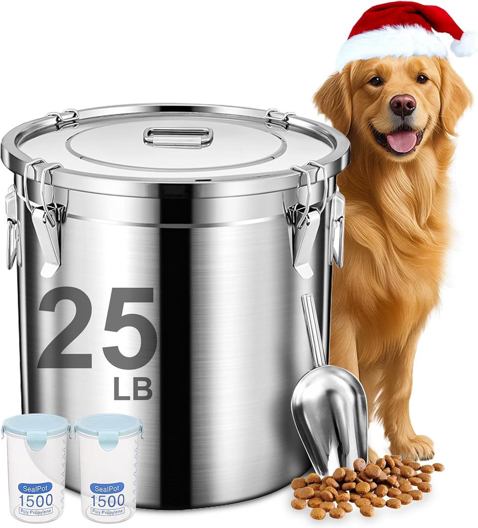Dog Food Storage Containers, Large Stainless Steel Pet Food Storage Containers 25 lb / 11.5 kg to Keep Fresh, Metal Airtight Cat Food Containers With Scoop and 2 Small Containers