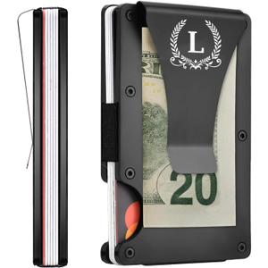 2 x ELEGANTPARK Metal Wallet for Men Initial Monogrammed Gifts for Wedding Birthday Slim Minimalist Money Clip for Men RFID Blocking Engraved Metal Wallets with Money Clip Card Holder Letter L