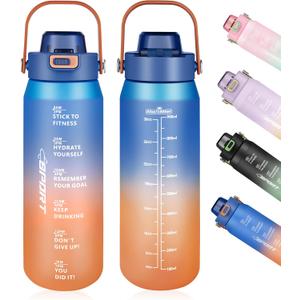 Motivational Water Bottle 32oz with Time Marker- Leakproof & BPA Free Sports Water Bottle with Straw & Carry Strap for Gym, Travel and Outdoor Sports (Blue/Orange Gradient)