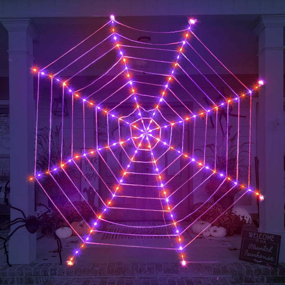 INST Halloween Spider Web Lights Decoration 12 Ft Lighted Spider Web Giant Halloween Yard Outdoor Decorations with 160 LED Waterproof & Timer for Halloween Outdoor Indoor Party Haunted House Decor