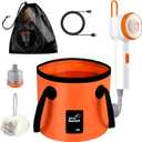 Portable Camping Shower Kit with Activated Carbon Water Filtration -Rechargeable Pump, Digital Display, LED Light, 5-Gallon Foldable Bucket for Outdoor Camping, Hiking, Pet Bath & Car Wash