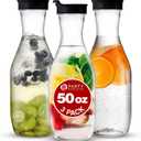 PARTY BARGAINS 50 oz Plastic Carafe with Black Flip-Tab Lid, Clear – 3 Pack Heavy-Duty Spill-Resistant Pitchers for Iced Tea, Juice, Cold Beverages, Powdered Drinks, Mimosa Bar