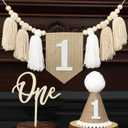 Boho Burlap Khaki Handmade 1st Birthday High Chair Banner One Cake Topper 1 Birthday Cone Hat Neutral Happy Birthday Party Decorations for Baby Boys Girls (Brown)