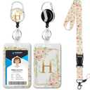 Letter H Lanyards for ID Badges,Floral Badge Holder with Lanyard Badge Reel Retractable Keychain ID Name Tag Work Badge Clip for Teacher Women Work Office Pack of 2
