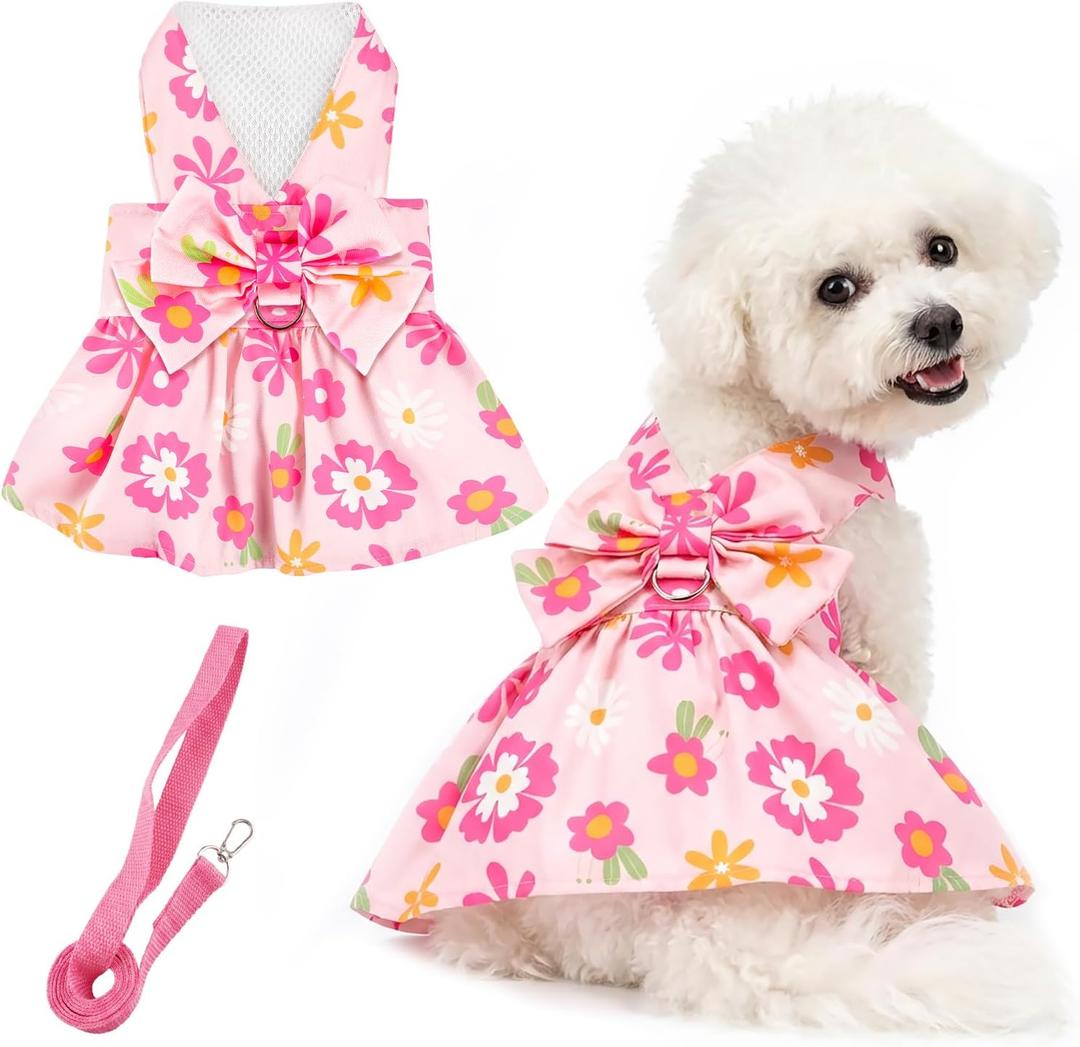 Dog Dress Harness Dresses Leash Set for Small Dogs Cute Girl Dog Clothes with Bowknot Puppy Outfits for Shih Tzu Yorkies Chihuahua
