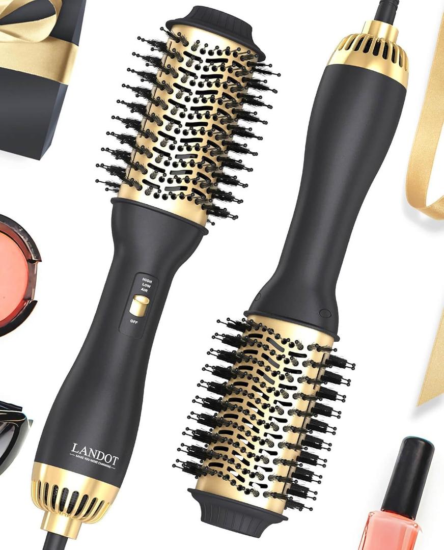 LANDOT Hair Blow Dryer Brush and Volumizer, One-Step Hot Air Brush for Drying, Straightening, Volumizing (Gold)