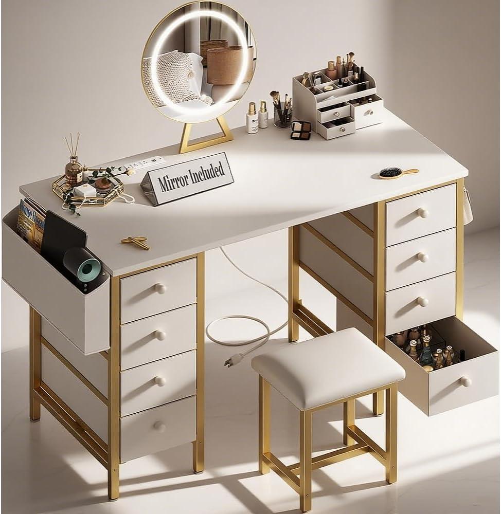 Large Vanity Desk with Mirror and Light- Makeup Vanity Set Table with Chair, Storage, Lighted Mirror, 8 Fabric Drawers & Power Outlet, Dressing Table Vanities for Girls Bedroom (2. Gold)