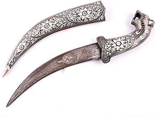 Purpledip Decorative Mini-Sword for Ceremonial Or Ornamental Use: Tiger Hilt, Damascus Steel Blade, Silver Wire Koftgiri Craft Scabbard, 12 inches (A20001)