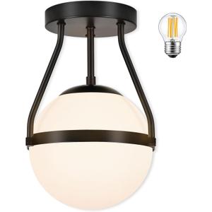 Bagood Globe Semi Flush Mount Ceiling Light Mid Century Modern 6" Globe Ceiling Light Fixture with Milk Glass Shade Black Finish for Living Room Hallway Kitchen Island Dining Room Laundry (Bulb Incl.)
