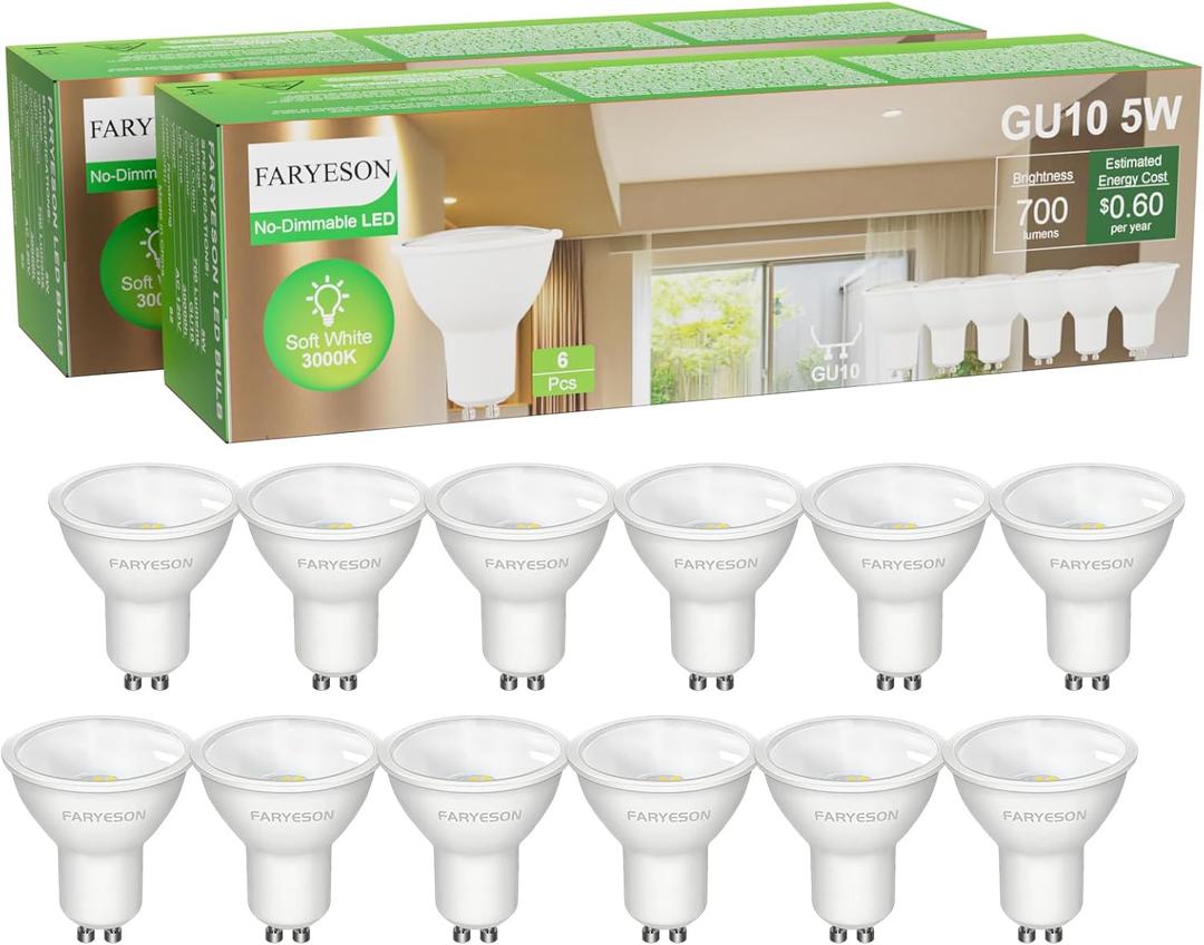 GU10 LED Light Bulbs - 5W, Warm White (3000K), Non-Dimmable, 700 Lumens, Wide 110 Flood Beam, Great for Recessed and Track Lighting in Kitchens, Living Rooms, and Bedrooms, 12-Pack