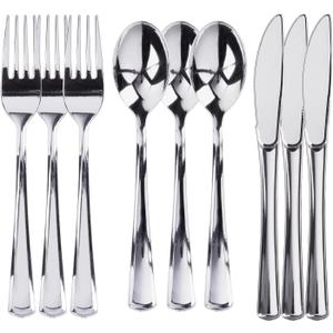 Prestee 300 Piece Heavy Duty Plastic Silverware Set - 100 of Each Silver Plasticware Forks, Spoons, Knives - Flatware Cutlery for Weddings - Durable Disposable Plastic Utensils for Catering, Buffets