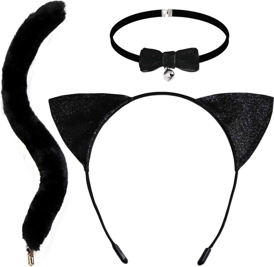 3 Pcs Halloween Cat Costume Accessories Cat Ears Headband Bell Collar and Tail Set for Halloween Party Cosplay Costumes Set (Black)