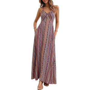 Women's Boho Floral V Neck Maxi Dress Sexy Backless Criss Cross Spaghetti Strap Summer Beach Sundress with Split, M 