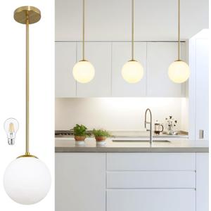 8" Globe Pendant Light Gold Mid Century Modern Light Fixture Globe Pendant Lights Kitchen Island Milk Glass Pendant Light Brushed Brass Finished with Milk Glass Lampshade for Dining Room