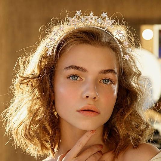 Dexspoeny Stars Halo Crown Headband Star Tiara Halo Crown Headpiece Goddess Crown Headpiece for Women and Girls