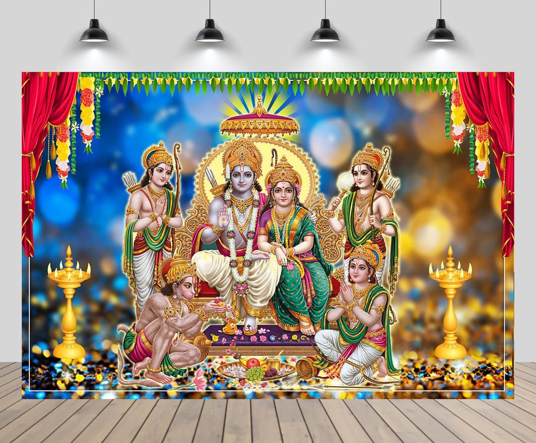 7x5ft Hindu Gods Backdrop, Indian Hindu Gods Photo Backdrop with Ram Sita Hanuman Ganesh & Marigold Puja Scenery, Indian Festival Party Decor Photo Booth Prop Wallpaper