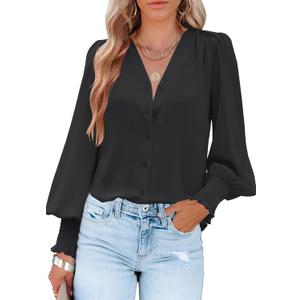 Aifer Womens Blouse Lantern Long Sleeve Dressy Casual Tops V Neck Button Down Shirts Blouses 2025 (XL, Black)