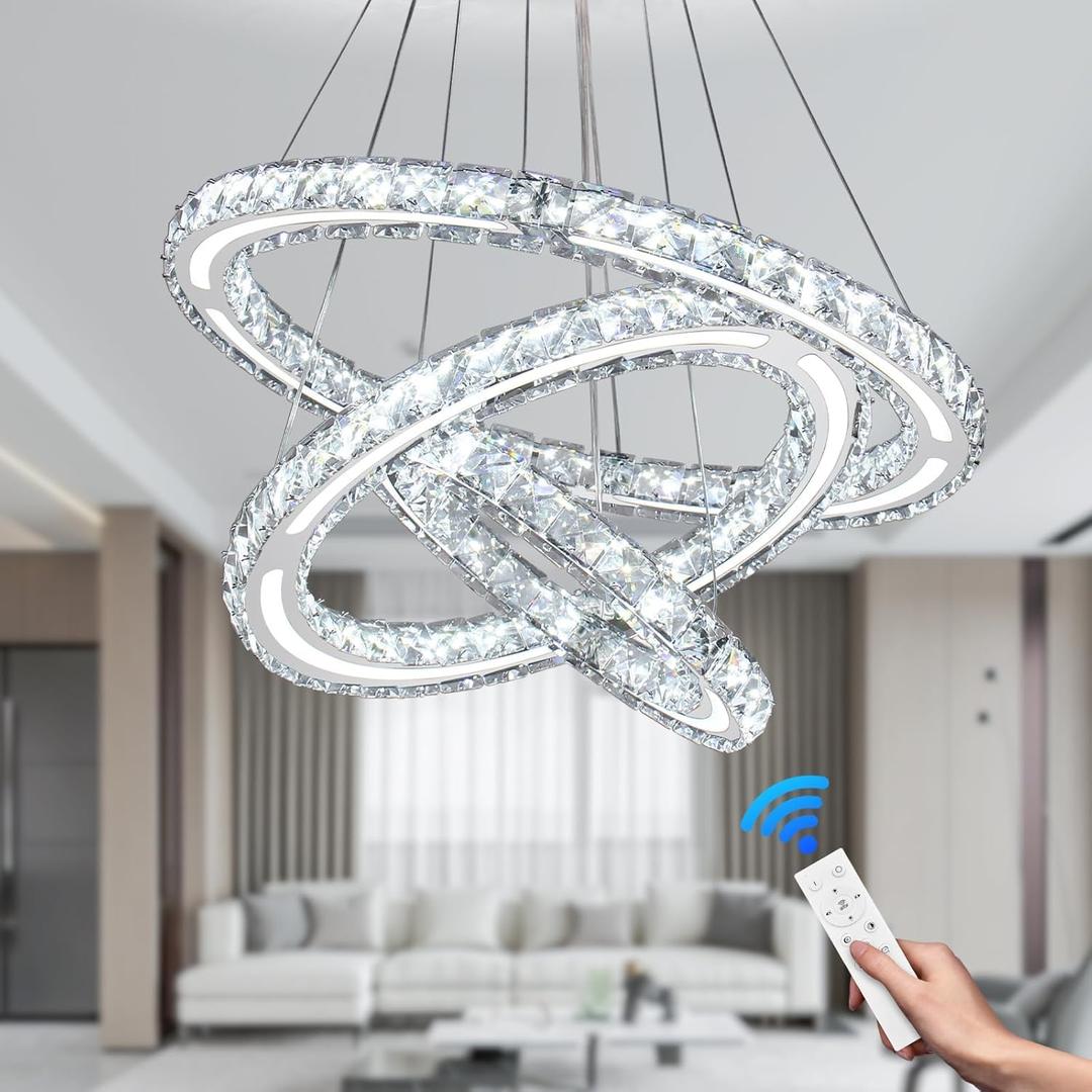 Modern Chandeliers Crystal Ceiling Light 3 Rings Dimmable LED Pendant Light Fixture Ceiling Hanging for Living Room Dining Room Bedroom Kitchen 250mm Base 209 Crystals(Dimmable)