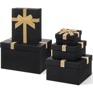 Cholemy Valentine 5 Pcs Luxury Nesting Gift Boxes with Lid and Velvet Ribbon Assorted Size Decorative Box Wrap for Present Wedding Graduation Birthday Anniversary Party Favor, Black Champagne