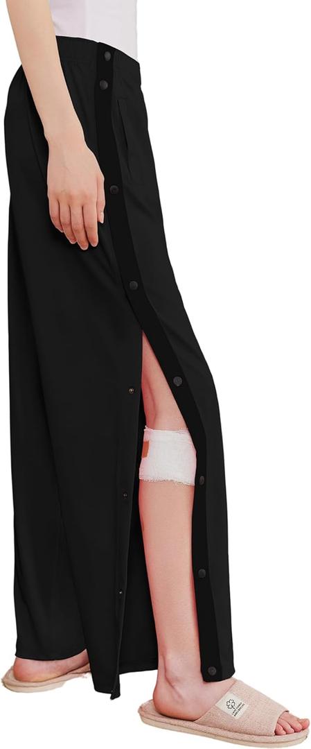 Deyeek Women's Tear Away Pants Side Split Snap Open Bottom Sweatpants Leg Breakaway Post Surgery Pants with Pockets, S