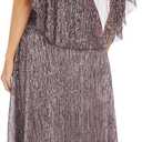 R&M Richards Long Metallic Pleated Capelet Dress W/Mock Surplus Ruched Waist & Rhinestone Details (Purple) 18Plus
