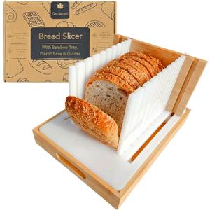 Bread Slicer Guide Cutter for Slicing Homemade Bread, Sourdough, Bagel, Loaves - 3 Adjustable Thickness & Widths, Bamboo Tray, Plastic Base, Foldable Compact, Kitchen Gadget & Gifts