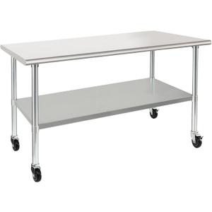 HARDURA Stainless Steel Table with Wheels 30 x 60 Inches Casters NSF Heavy Duty Commercial Work & Prep Table with Undershelf and Galvanized Legs for Restaurant Kitchen Bar and Hotel Garage