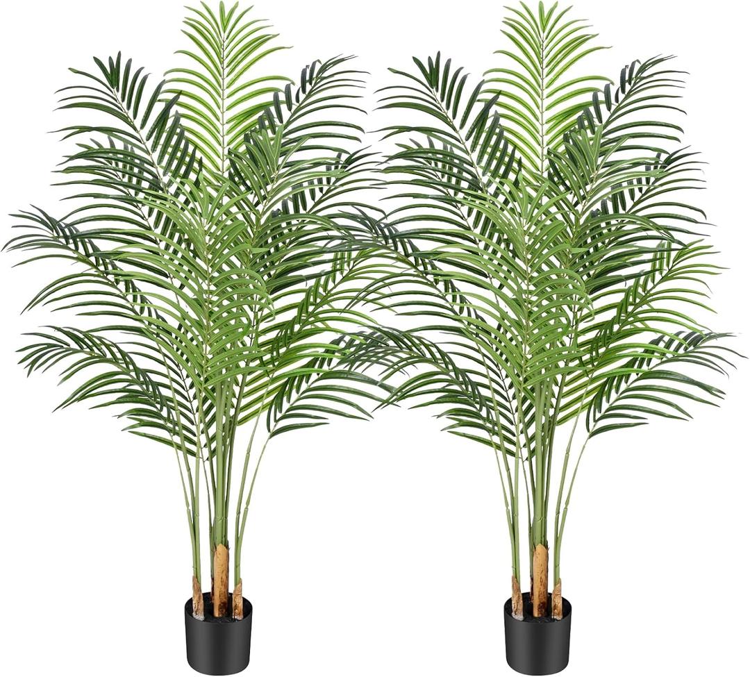 5ft Artificial Palm Tree Indoor Plant Tall Fake Tropical Paradise Palm Tree in Pot with Real Bark Design Faux Areca Palm Tree for Home Office Living Room Bedroom Farmhouse Modern Decor 2pcs