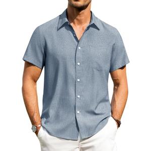 Alimens & Gentle Mens Linen Shirts Short Sleeve Button Down Shirts Wrinkle Free Casual Vacation Beach Summer Tops (3X-Large, Peacock Blue)