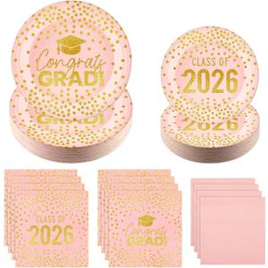 FoldTier 200 Pcs Graduation Plates and Napkins 2026, Pink and Gold Graduation Decorations, Class of 2026 Congrats Grad Paper Plates and Napkins for College High School Graduations Party, Serve 50