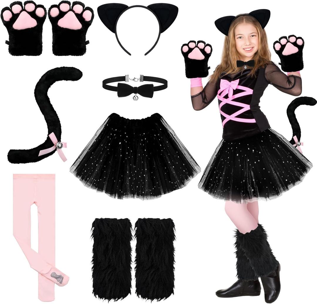Haull 8 Pcs Halloween Kitten Cat Costume Accessories Girl Cat Ear Tail Gloves Bell Choker Necklace Tights Skirt Calf Sleeves (Large, Black and Pink)