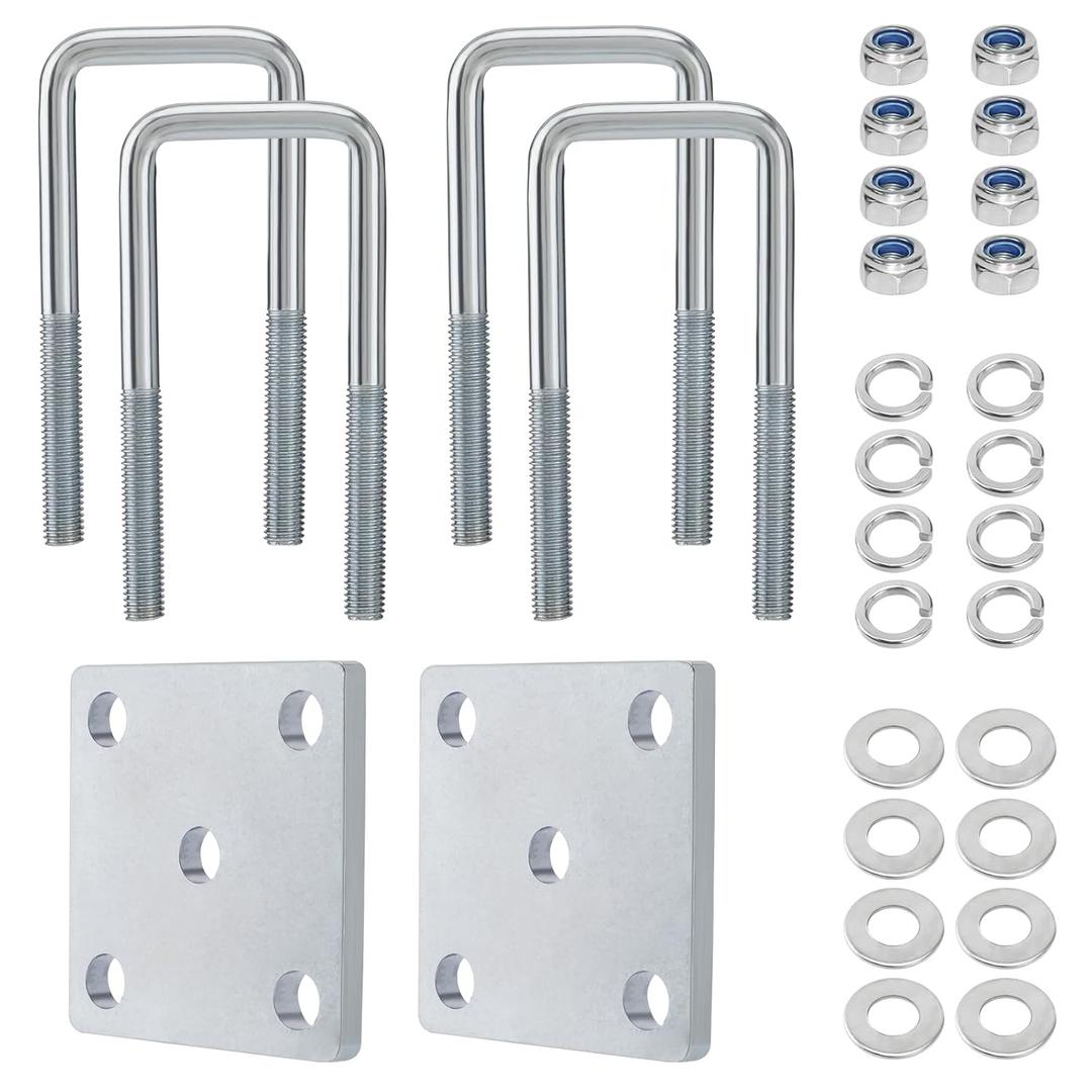 Square U Bolt Kit for Boat Trailer Axle Leaf Springs, Trailer Leaf Spring U Bolts, for 2x2 Axle - 5 1/4" Long