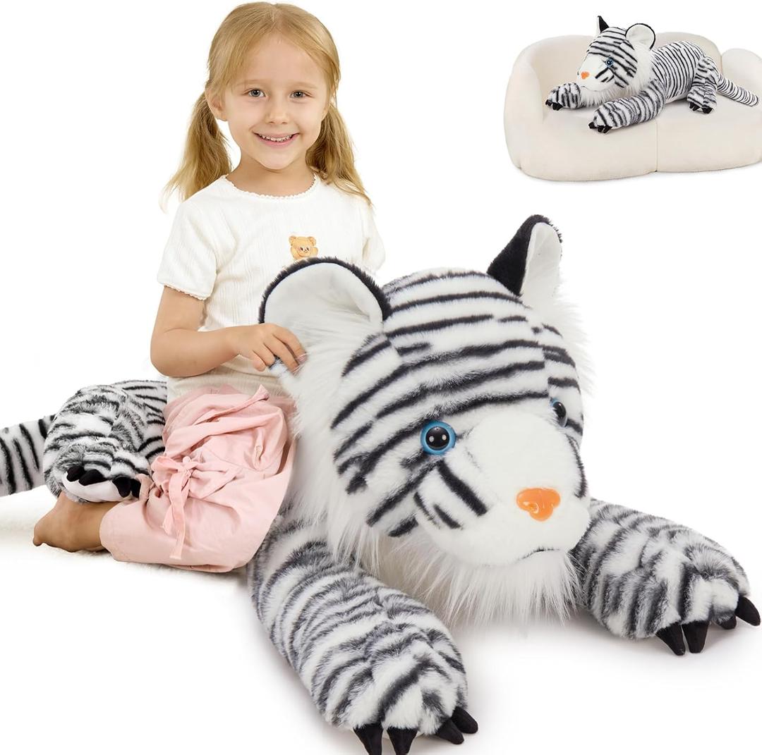 MaoGoLan Giant White Tiger Stuffed Animal - 47 Realistic Tiger Plush Toy for Boy Girl Kid, Soft Fluffy Zoo Animal Toy Pillow for Valentines Birthday Gift, Baby Shower Party Favor Decor