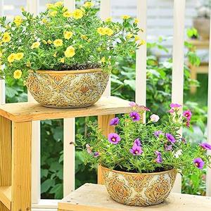 Sungmor Cement Planter Succulent Pots, Set of 2 Concrete Cactus Plant Pot with Drainage Hole, Embossed Design Flower Pot for Home Office Decor,  7.5" & 9.4" Indoor Outdoor Plants Container