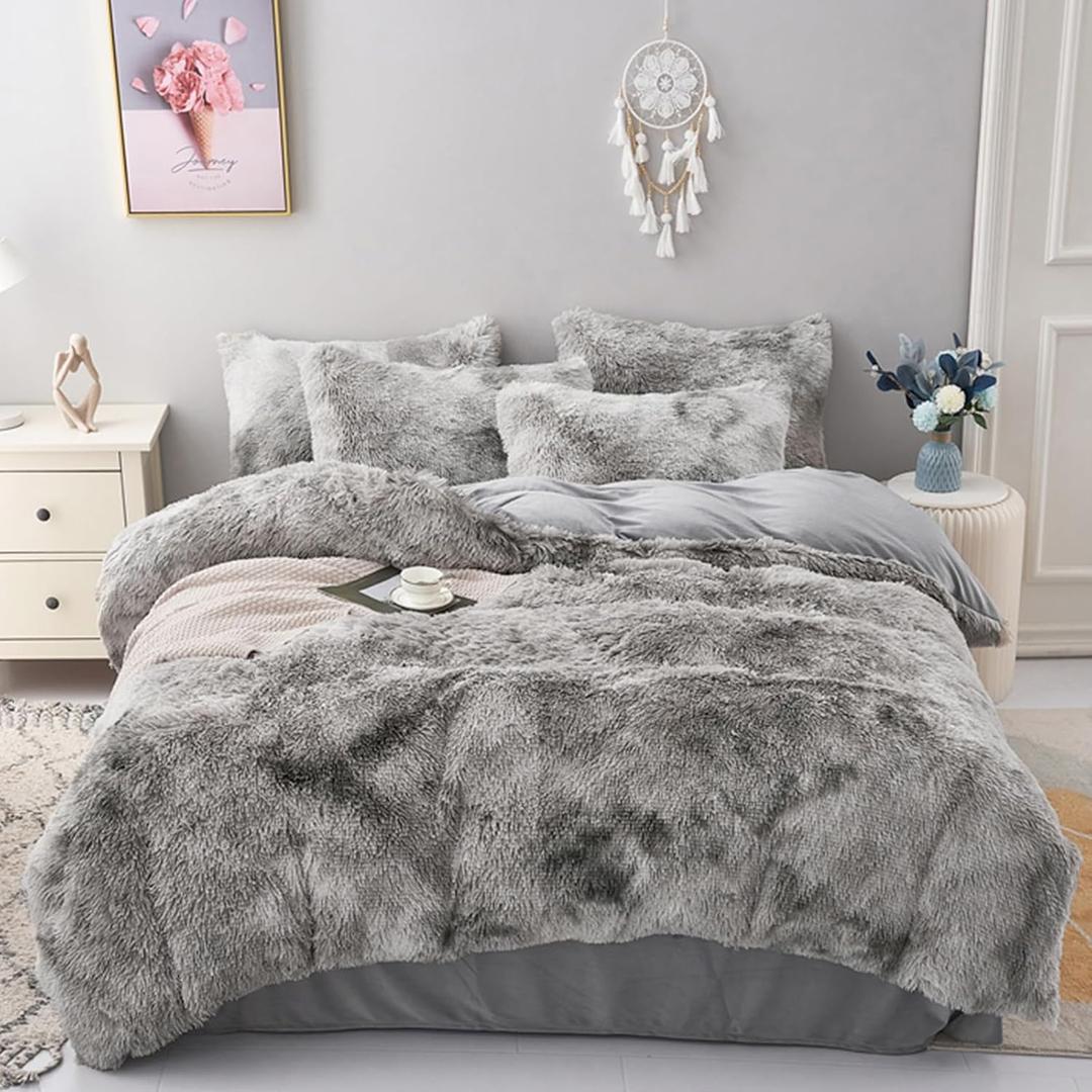 MorroMorn 5 PCS Shaggy Duvet Cover Bedding Set - Fluffy Comforter Cover Long Faux Fur Luxury Ultra Soft Cozy (Marble Gray, Full/Queen)