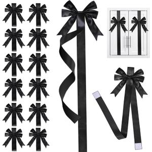 12Pcs Christmas Cabinet Ribbons Bows Decorations Large Silk Knob Covers Easy to Install Kitchen Cabinet Door Ribbon and Bows for Fireplace Festive Decor Xmas Tree Wreath Party Supplies(Black)