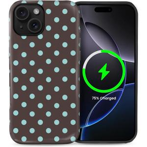for iPhone 15 Case for Women Girl Men Boy, Compatible with MagSafe, Shockproof Soft Silicone & Hard PC Shell Protective Case for iPhone 15 - Brown & Blue Polka Dot Cute
