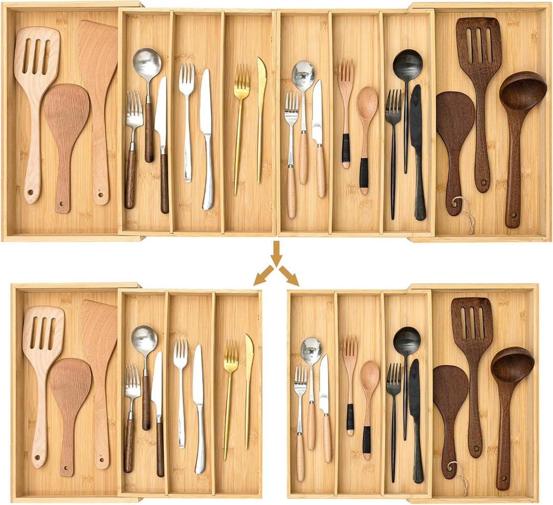 Kathfly Extra Large Drawer Organizer Kitchen Utensils Expandable 21.4 to 36 Inches Wid, Adjustable Bamboo Silverware Tray Cutlery Utensile Flatware Organizer Holder Drawer Divider for Spoons and Forks