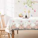 Easter Tablecloth 60 x 84 Inch, Buffalo Plaid Bunny Ear Foot Flowers & Polyester Table Cover for Spring Easter Holiday Party Dinner Table Decor