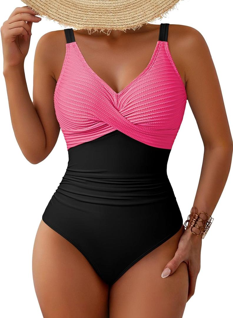 Pink Queen Women One Piece Swimsuit 2026 Patchwork Twist Front V Neck Ruched Tummy Control Swimwear Bathing Suits (Medium)