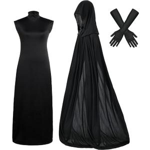 hoyuwak Black Witch Costume for Women Halloween Vampire Dress Up Accessories (Including Mesh Hooded Cape, Dress, Gloves) S