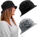 Geyoga 2 Pcs Cloche Hats for Women Fleece Flower Cancer Headwear for Women Chemo Cap 1920s Vintage Wool Bucket Hat for Ladies (Black, Gray)