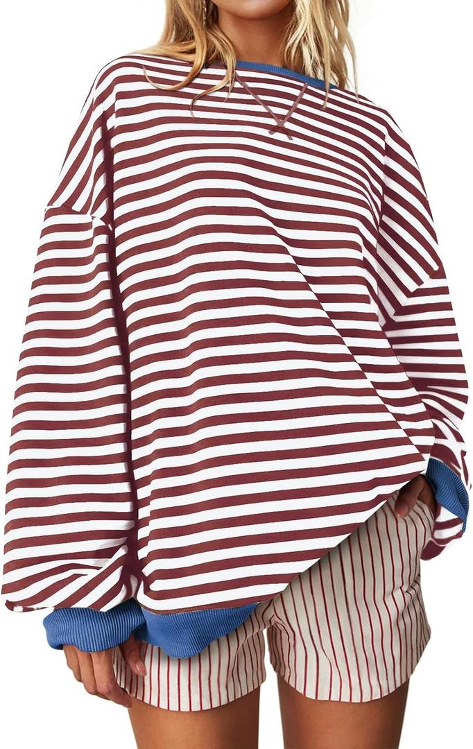 UEU Women Oversized Striped Crewneck Sweatshirt Long Sleeve Color Block Pullover Tops Casual Loose Workout Shirt (X-Large)