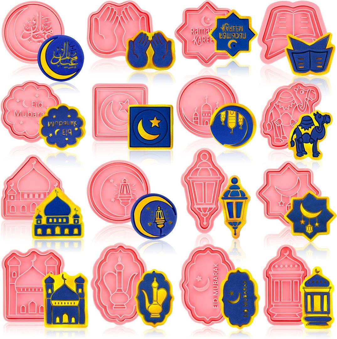 Honeydak 16 Pieces Ramadan Cookie Cutters Eid Mubarak Cookie Mold with Plunger Stamps Moon and Star 3D Stamper Islamic Muslim Mini Ramadan Plastic DIY Tools for Baking Fondant Supplies